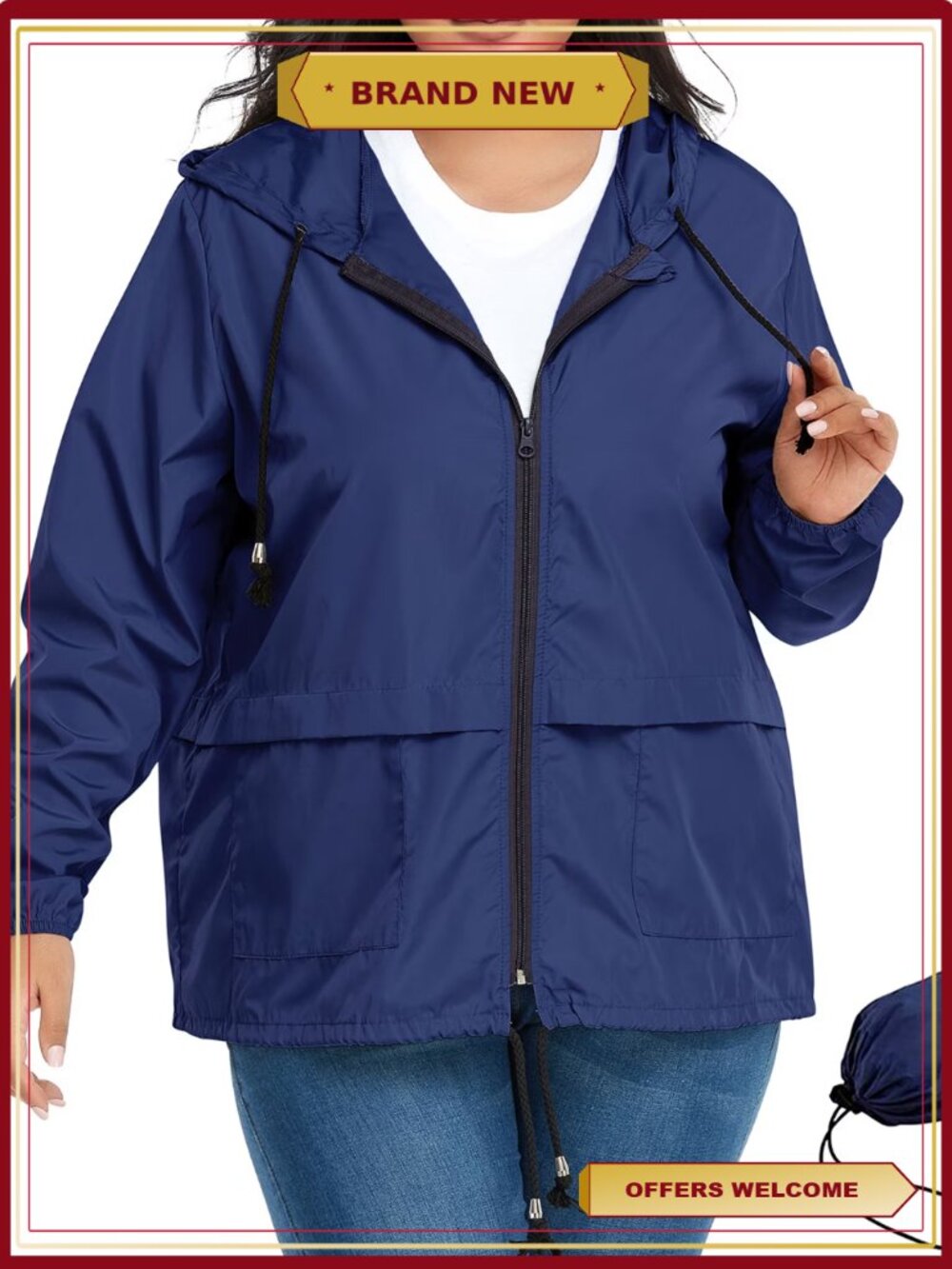 Plus Size Waterproof Rain Jacket Hood Packable Windproof Pockets